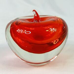 Vintage Hand Blown Art Glass Apple Paperweight Red Clear 3.25"